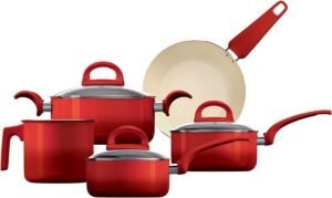 Conjunto de Panelas Intense 5 Peças de Alumínio com Revestimento Antiaderente Cerâmico, Vermelha, AIM9996-VM, Euro Home