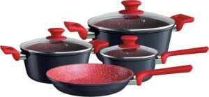Conjunto de panelas ColorStone 4 peças de alumínio com antiaderente e tampa de vidro, Titânio, ALU8709-TI, Euro Home
