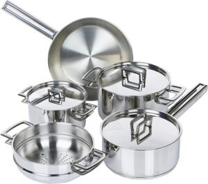 Tramontina Brava 65400010 Conjunto de 5 Panelas de Aço Inoxidável com Tampa Plana e Base Tripla, Prata